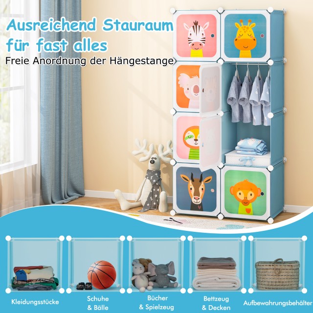 Costway Παιδική Ντουλάπα με 8 Κυβικές Θέσεις & Χώρο Κρεμάσματος - Χαριτωμένη Μπλε Κομμότα με Σχέδια Καρτούν JZ10131BL