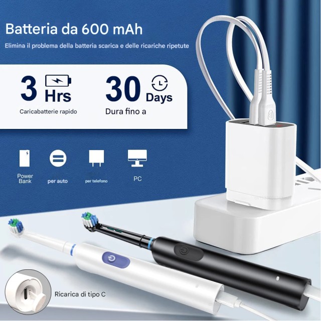 BAKAJI Περιστρεφόμενη Ηλεκτρική Οδοντόβουρτσα με 4 Ανταλλακτικές Κεφαλές και Έξυπνο Χρονοδιακόπτη 02001705