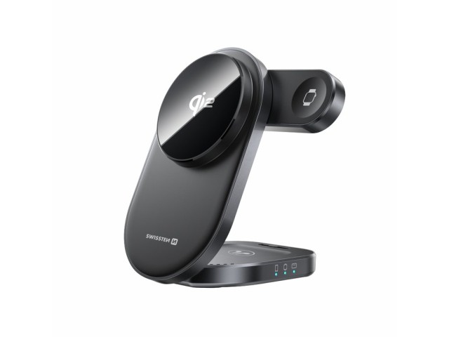 Swissten MagBase 3in1 Ασύρματος Φορτιστής Qi2 15W για Smartphone, Apple Watch & Ακουστικά με MagSafe Μαύρος 8595217493407