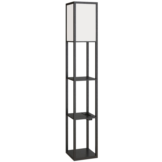 HOMCOM Λάμπα Δαπέδου με Ράφια, Ρυθμιζόμενο Φωτισμό, Διακόπτη Ποδιού και Θύρες USB, Μαύρη 833-623V92BK