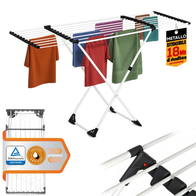BAKAJI XXL Επεκτεινόμενη Απλώστρα 18 Μέτρων Εξοικονόμησης Χώρου Τηλεσκοπική για Άπλωμα Ρούχων 02842724