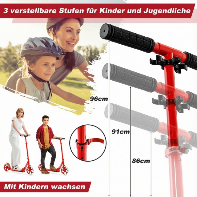 Costway Αναδιπλούμενο πατίνι με 2 τροχούς LED, ρυθμιζόμενο ύψος, έως 100 κιλά, κόκκινο, 96 x 35 x 88 cm SP38153RE