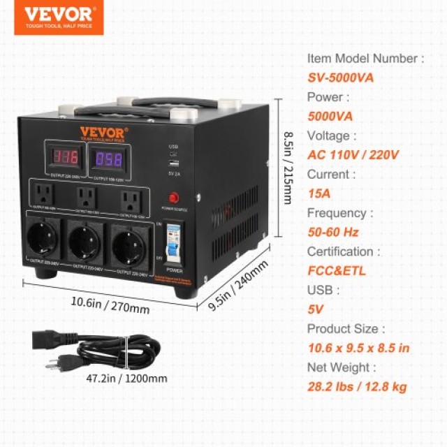Μετασχηματιστής Τάσης VEVOR 5000W, Βαρέως Τύπου, CE Πιστοποιημένος DYZHQ110V230VQLPQV2