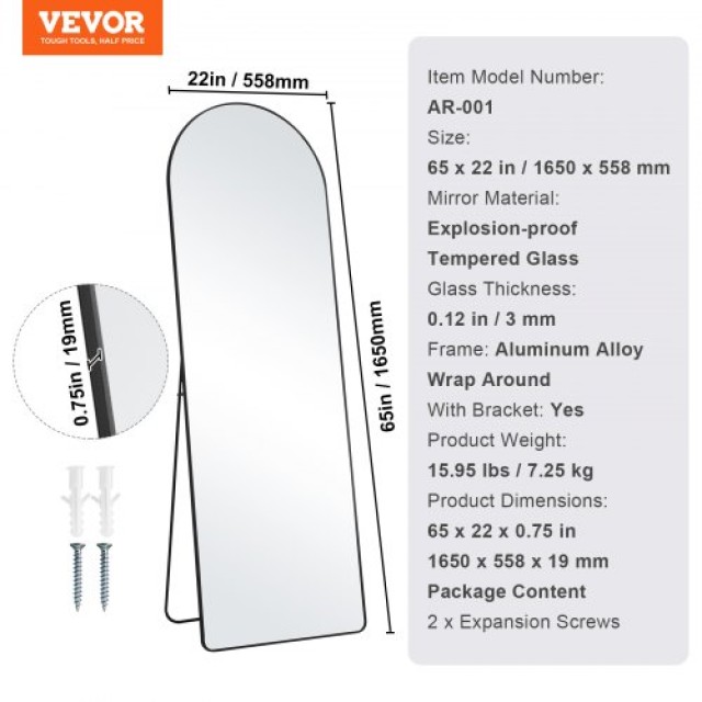 Ολόσωμος Καθρέφτης VEVOR 164,5 x 55,8 x 1,9 cm Αψιδωτός - Επιδαπέδιος/Κρεμαστός DZJGXLDJLHJHY0QFCV0