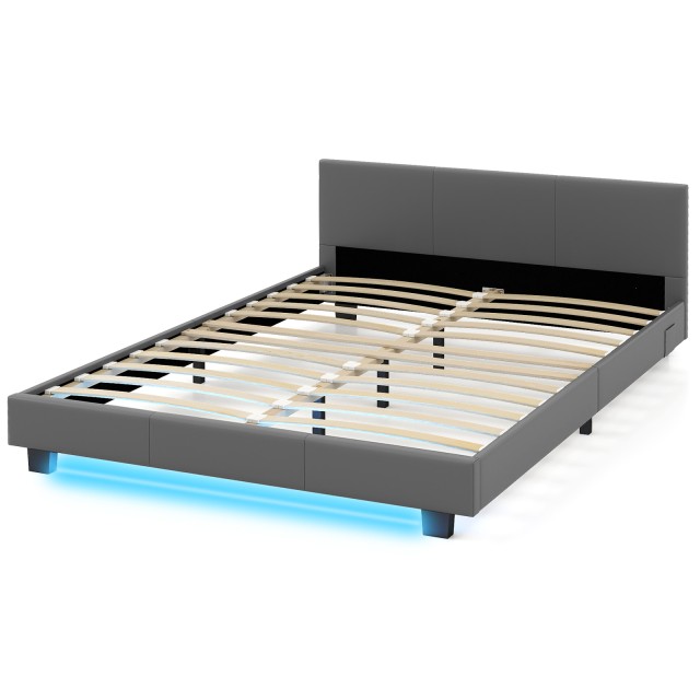 Costway 140 x 200 cm Κρεβάτι με LED Φωτισμό Υφασμάτινο Κρεβάτι με Τάβλες Γκρι Σκελετός Κρεβατιού HU10796DE-GR+