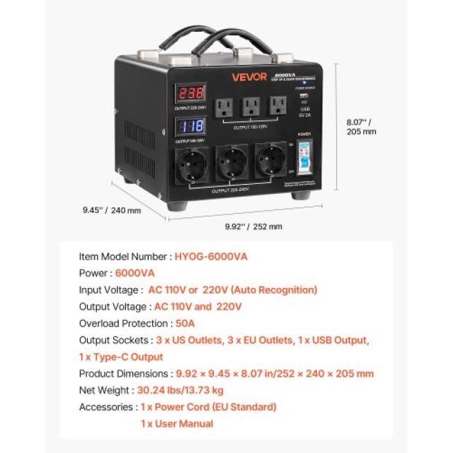 VEVOR Μετασχηματιστής Ισχύος Heavy Duty 6000VA, 110V/220V, 3 US & 3 EU Πρίζες, LCD Οθόνη SXDYZHQZD110QYQQU001V2