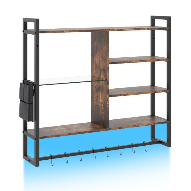 Costway 6όροφο κρεμαστό επιτοίχιο ράφι με 8 γάντζους S, πλαϊνή τσέπη και φωτισμό RGB LED, 107 x 24 x 96 εκ., ρουστίκ καφέ JV13053EU-BK