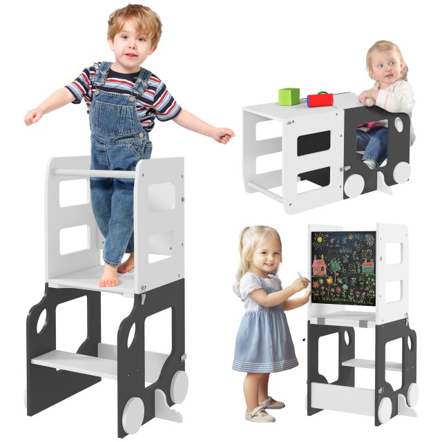 AIYAPLAY Σκάλα Montessori 4 σε 1 για Παιδιά με 2 Πίνακες και Σετ Τραπέζι και Καρέκλα, από Ξύλο, 58x46x92 εκ, Λευκό 315-004V80WT