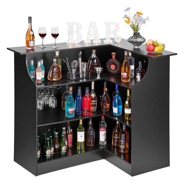 VEVOR Επιτραπέζιο Home Bar Γωνιακό Σχήματος L, Ντουλάπι Κρασιών 4 Επιπέδων με Ράφια Αποθήκευσης, Θήκη για Ποτήρια, Ξύλινο, Μαύρο JTJBLX563954Z20U9001V0