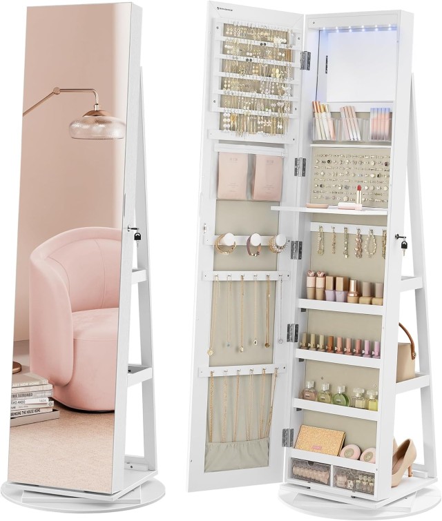 SONGMICS Λευκή Κοσμηματοθήκη Καθρέφτης με LED Φωτισμό και Αποθηκευτικό Χώρο 55x162x55cm JJC007W02V1