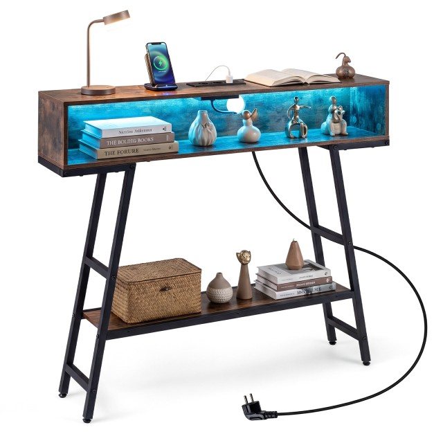 Costway Κονσόλα εισόδου 3 επιπέδων με φωτισμό LED και σταθμό φόρτισης, στενό τραπεζάκι καναπέ σε καφέ σκουριάς, 86,5 x 100 x 20 cm JV13565DE-CF