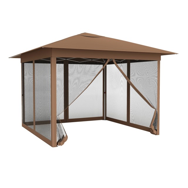 Costway Πτυσσόμενο κιόσκι 3,5 x 3,5 μ. One Push με ρυθμιζόμενο ύψος, κουνουπιέρα, διπλή οροφή και τσάντα μεταφοράς, καφέ, 250-270 x 350 x 350 cm NP13037CF