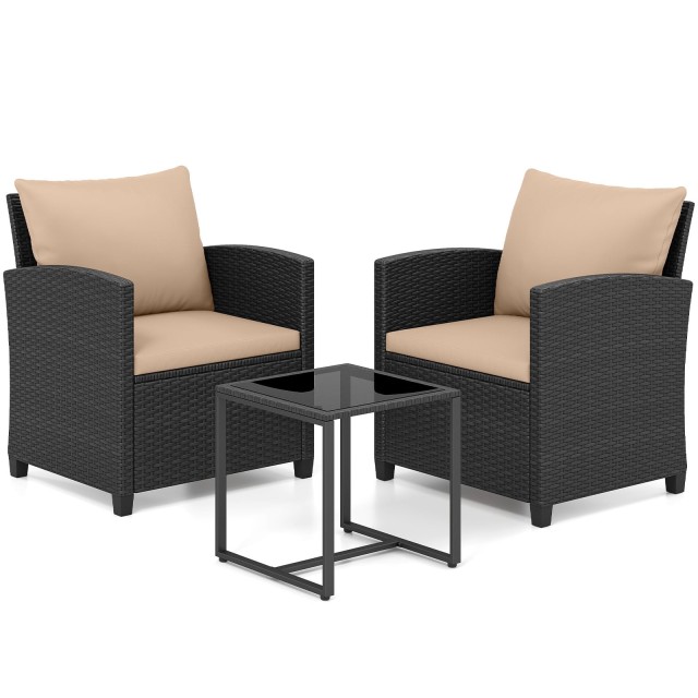 Costway Σετ κήπου από ρατάν με 2 καρέκλες, μαξιλάρια και γυάλινο τραπέζι, χακί NP13173YW
