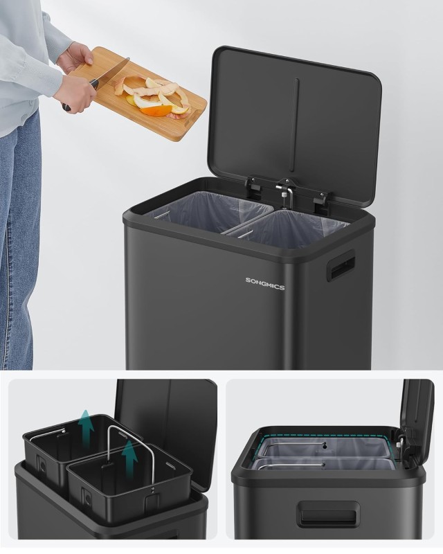 SONGMICS Διπλός Κάδος Απορριμμάτων Κουζίνας 30L από Ανοξείδωτο Ατσάλι με Αθόρυβο Κλείσιμο 41.7x33.2x49.4cm LTB544B02
