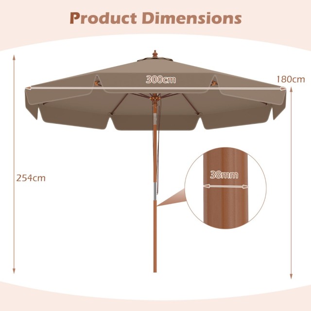 Costway Ομπρέλα κήπου/αγοράς 300 εκ. με μηχανισμό κλίσης και ξύλινο ιστό, καφέ, 254 x 300 x 300 cm NP12797CF