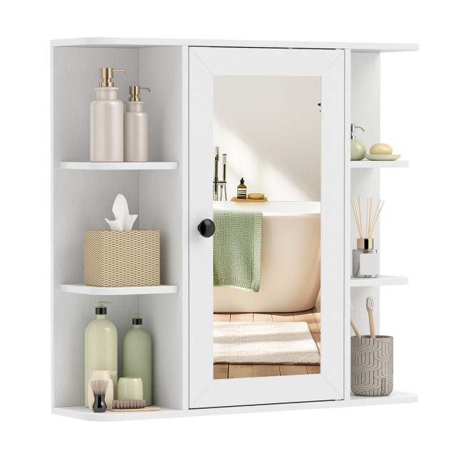 Costway Καθρέφτης Μπάνιου με Ντουλάπι, 3 Εσωτερικά Ράφια και 6 Ανοιχτά Ράφια, Λευκό, 63 x 66 x 16,5 cm BA8484WH