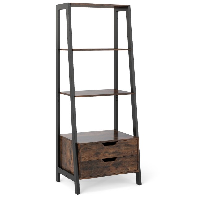 Costway Καφέ Ελεύθερη Σκάλα Ράφι 134cm με 4 Ανοιχτά Ράφια και 2 Συρτάρια JV12654CF