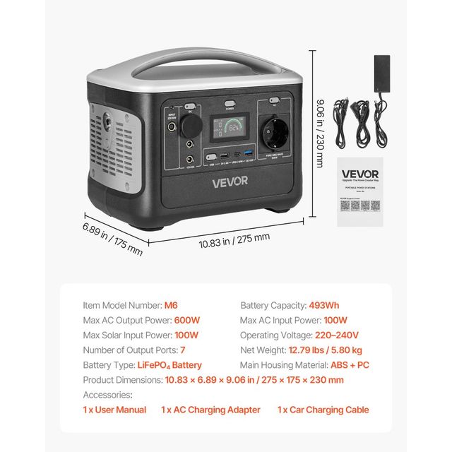 VEVOR Φορητός Σταθμός Ενέργειας 600W, Γεννήτρια 493Wh LiFePO4 με 7 Θύρες Εξόδου (Χωρίς Περιλαμβανόμενο Ηλιακό Πάνελ) DXCNDYWTYNB5I6NQI001V2