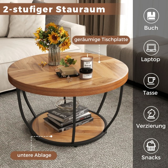 Costway Στρογγυλό Τραπεζάκι με Ξύλινη Υφή και Μεταλλικό Πλαίσιο, Διπλής Στάθμης με Ρυθμιζόμενα Πόδια JV12526NA