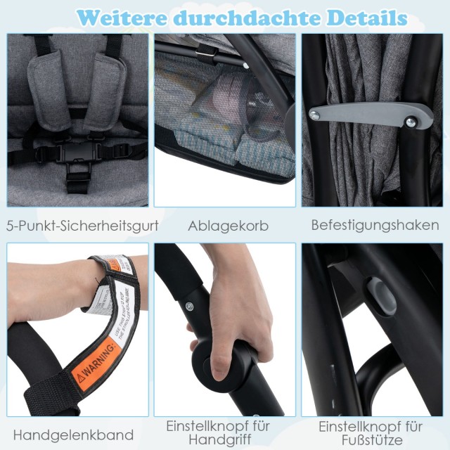 Costway  Άνετο Διπλό Καροτσάκι με Ρυθμιζόμενα Καθίσματα και Σύστημα Ασφαλείας 5 Σημείων BC10248GR