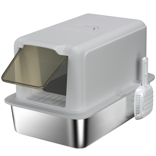 PawHut Κλειστή Λεκάνη για Γάτες με Δίσκο από Ανοξείδωτο Ατσάλι, Σέσουλα και Φίλτρα, 40.5x60.5x41.5 εκ., Γκρι και Ασημένιο D31-103V00GY