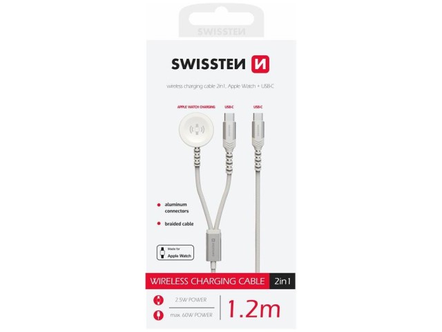 SWISSTEN Μαγνητικό Πλεκτό Μεταλλικό Καλώδιο για Apple Watch, και USB-C, USB-C, 1,2 μ, Λευκό 8595217487017