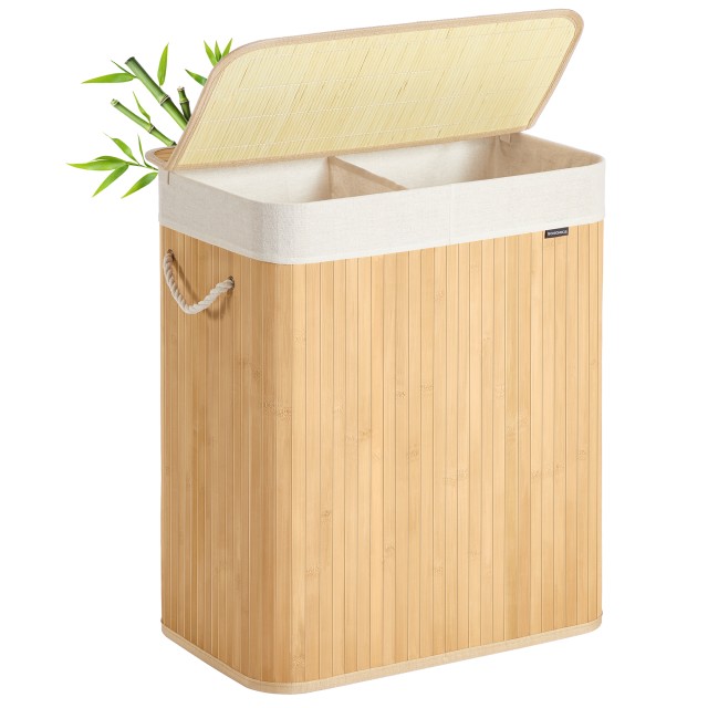 Songmics Καλάθι Απλύτων Μπαμπού 100 L με 2 Θήκες, Καπάκι και Αφαιρούμενη Πλενόμενη Εσωτερική Τσάντα, Φυσικό LCB074Y01V1