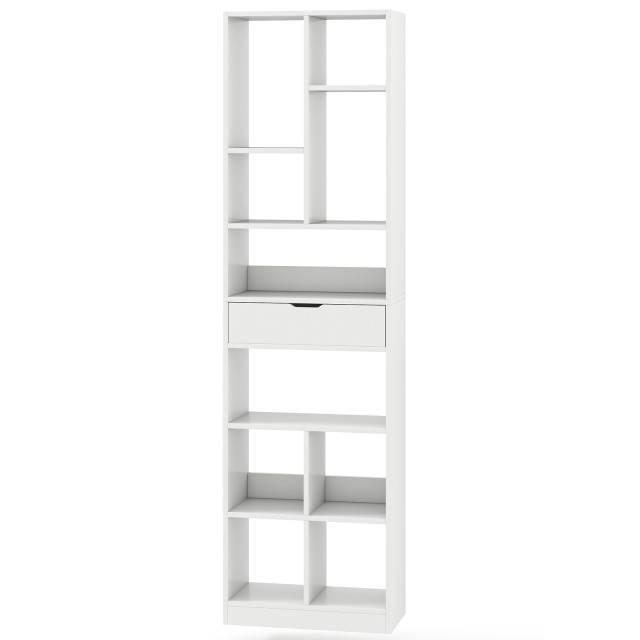 Costway  Λευκή Βιβλιοθήκη 180cm με Συρτάρι - 10 Ανοιχτά Ράφια & Αντικραδασμική Προστασία JV12105WH