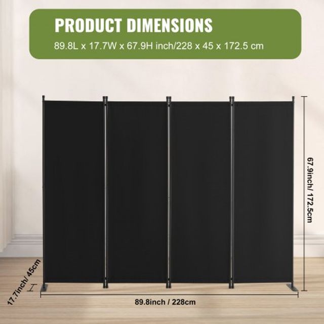 VEVOR Μαύρο Διαχωριστικό Χώρου 4 Πάνελ 228 x 45 x 172.5 cm για Ιδιωτικότητα και Στυλ BLPF88675INC18JT8V0