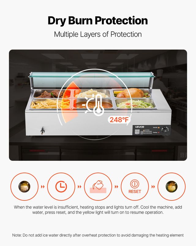 VEVOR Επαγγελματική Ηλεκτρική Θερμαινόμενη Βιτρίνα Τροφίμων 1500W, 43x22x15 ιντσών με Γυάλινο Κάλυμμα για Κέτερινγκ & Εστιατόρια SYSPBWQBLZK63G7J5002V2