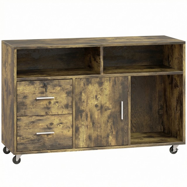 HOMCOM Κινητό Τρόλεϊ Εκτυπωτή με Ρόδες, 2 Συρτάρια, 3 Ράφια και 2 Ντουλάπια, Ξύλινο, 100x35x65 cm, Καφέ 836-269V00RB