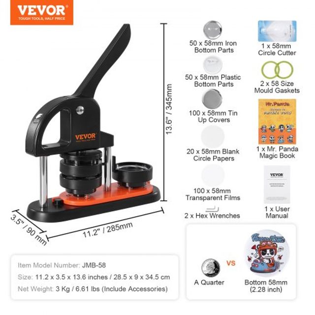 Μηχανή Κατασκευής Κουμπιών VEVOR, 58mm, με 100 τεμ. και Κόφτη SLKXZJ58MM100NXJ1V0