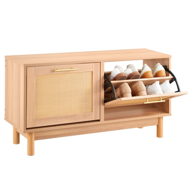 VEVOR Πάγκος Παπουτσοθήκης Εισόδου 1000 x 300 x 530 mm με 2 Αναδιπλούμενα Συρτάρια και Ρατάν Πόρτες XGXD394INCH2NWQW0001V0