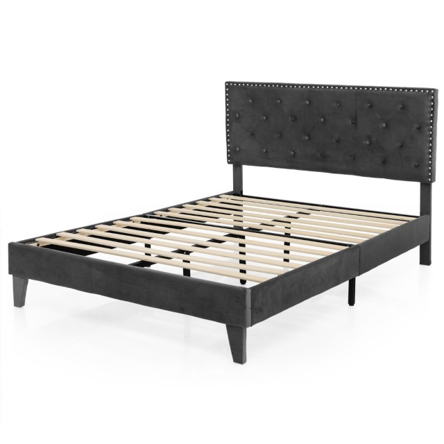 Costway Διπλό Υφασμάτινο Κρεβάτι 200 x 140 cm με Σκελετό & Επενδυμένο Κεφαλάρι Γκρι HU10380GR-D