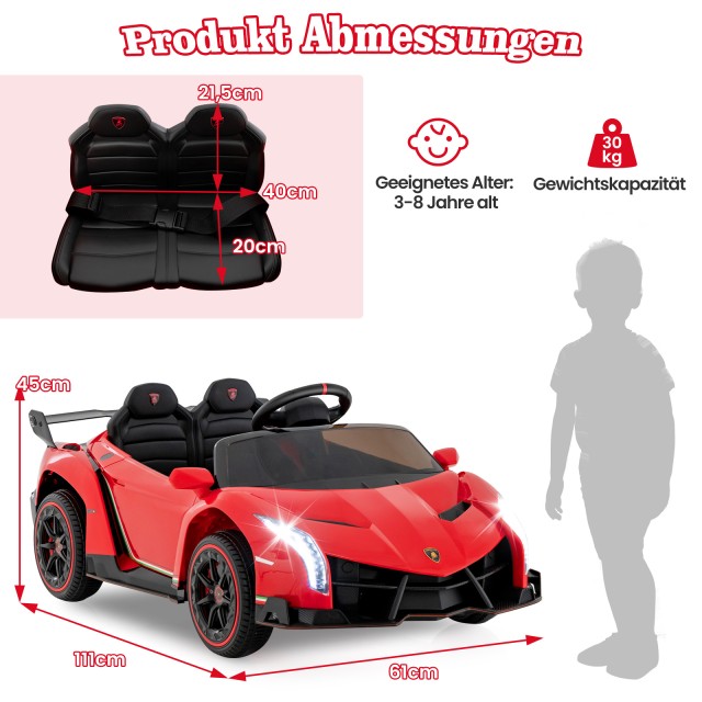Costway  Ηλεκτροκίνητο Παιδικό Αυτοκίνητο Lamborghini με Τηλεχειριστήριο & LED Φώτα & Κόρνα & Μουσική, Κόκκινο Άμαξι Παιχνιδιού TQ10175DE-RE