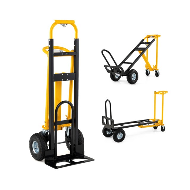Costway Πτυσσόμενο χειροκαρότσι και καρότσι μεταφοράς 3 σε 1 με πνευματικούς και λαστιχένιους τροχούς, κίτρινο, 132 x 45 x 50 cm TL35989DK