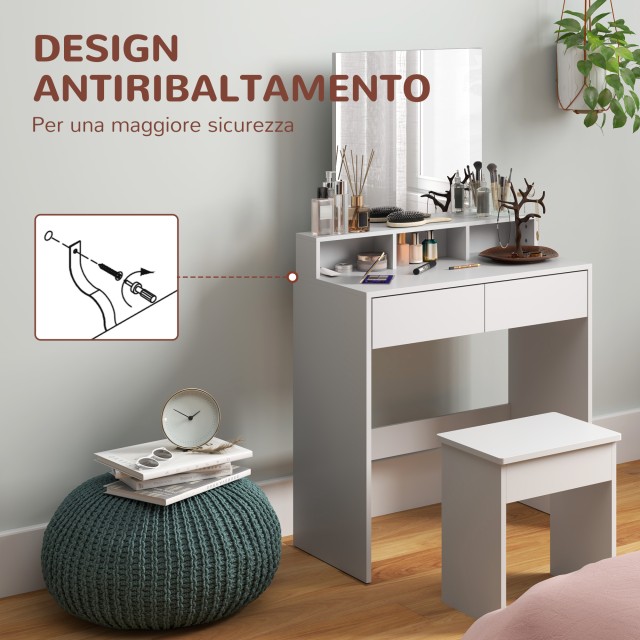 HOMCOM Τραπέζι Μακιγιάζ με Καθρέφτη, 3 Ράφια, 2 Συρτάρια και Σκαμπό, από Ξύλο, 75x38x135 εκ., Λευκό 831-925V00WT