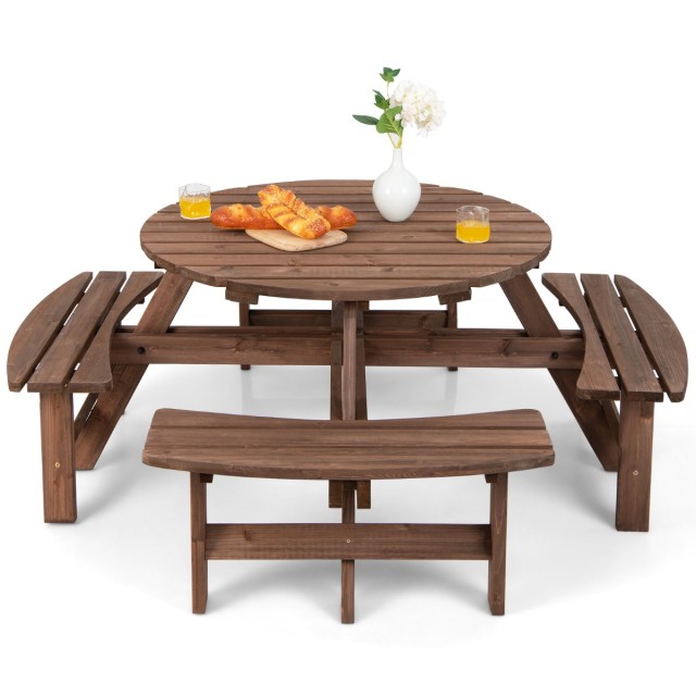 Costway Σετ Ξύλινο Τραπέζι Πικνίκ για 8 Άτομα 178 x 178 x 70 εκ. με Τρύπα Ομπρέλας Καφέ OP70444+