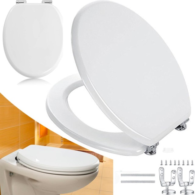 BAKAJI Καπάκι Τουαλέτας Οικουμενικό Καπάκι WC Ξύλινο MDF Λευκό Βαρύ Καπάκι Τουαλέτας 02841621