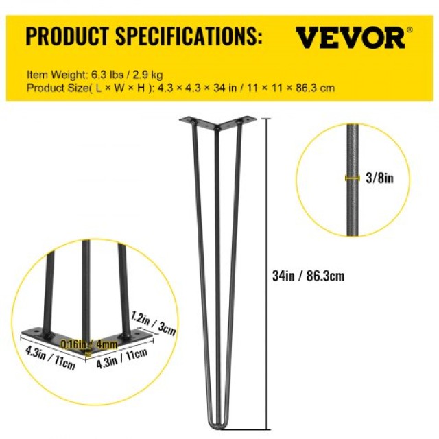 Σετ 4 Μαύρα Πόδια Τραπεζιού VEVOR Hairpin 34 για Βάρος 220lbs από Ανθρακοχάλυβα  TZZT4PCS34YC3G001V0