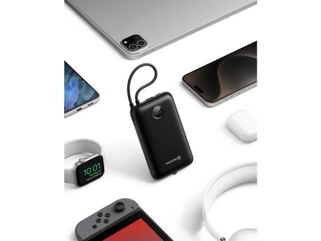 SWISSTEN Powerbank Voltbox 35 W 30 000 mAh με ενσωματωμένα καλώδια USB-C και Lightning, μαύρο 8595217490574