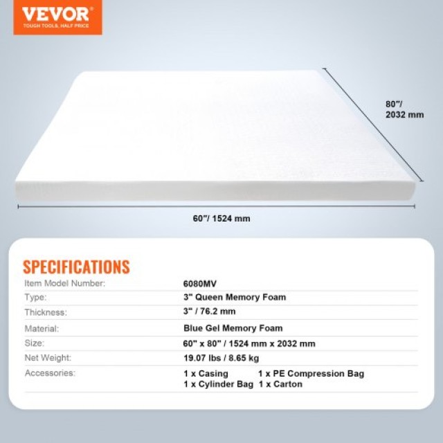 VEVOR Επίστρωμα Στρώματος Memory Foam Αποσπώμενο & Πλενόμενο Queen 76,2 mm Πάχος JYHMD6080INCMVYELV0