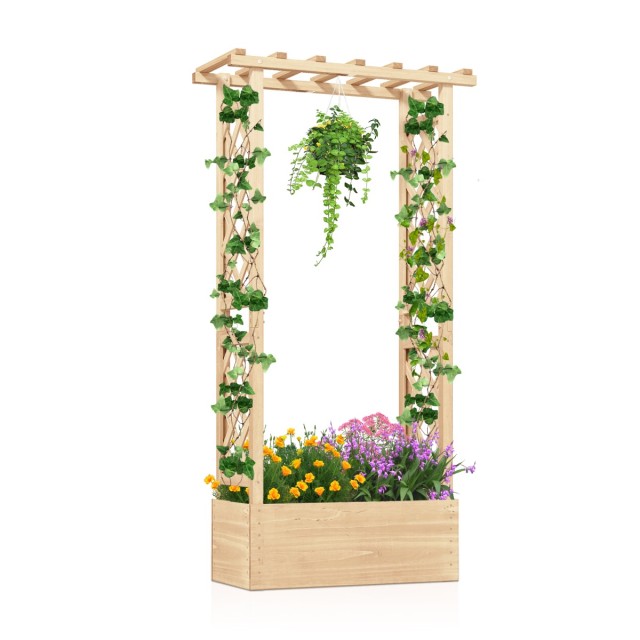 Costway Ξύλινη υπερυψωμένη ζαρντινιέρα ελεύθερης τοποθέτησης με πέργκολα, στέγαστρο και οπές αποστράγγισης, φυσικό χρώμα, 152 x 32 x 66 cm GT4293NA