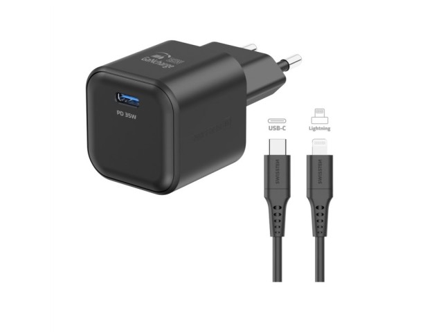 SWISSTEN Μικρό και Ισχυρό Πολλαπλό GaN Δίκτυο Φορτίου 35W με USB-C + Καλώδιο Δεδομένων USB-C/Lightning 1.2 μ. Μαύρο 8595217484474