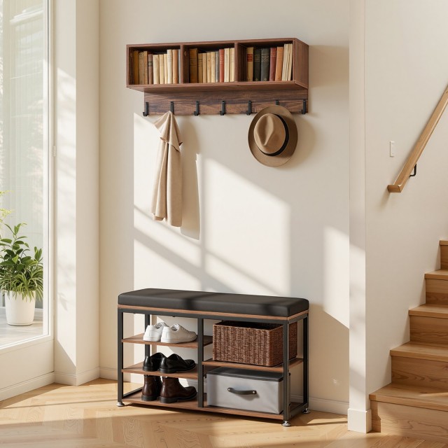 VEVOR Πολυλειτουργική Κρεμάστρα με Πάγκο Παπουτσιών και Ράφι, Μεταλλική Κατασκευή, Χωρίς Άγκιστρα, Χωρίς Βιβλιοθήκη, Ρουστίκ Καφέ TYDGNYMJZHXKXKHPI001V0