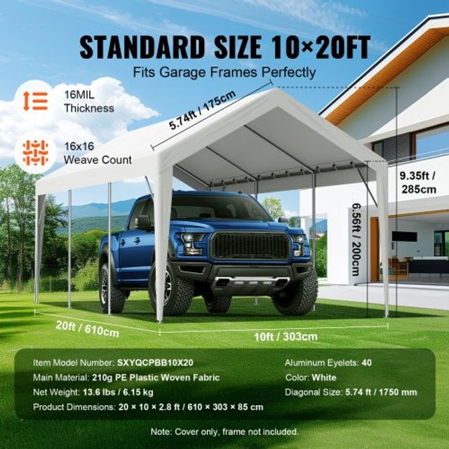 VEVOR Αντικατάσταση Καλύμματος Carport 10x20 ft, Αδιάβροχο & UV Προστατευμένο, Λευκό (Μόνο Κάλυμμα) CKPB10X20FTD1VXCBV0