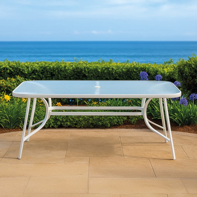 Galileo Εξωτερικό τραπέζι 150x90 cm από ανθρακούχο χάλυβα με επιφάνεια από λευκό σφυρήλατο σκληρυμένο γυαλί Est 2188442