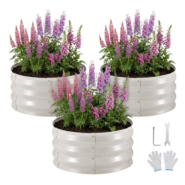 VEVOR Σετ 3 Μεταλλικά Υψωμένα Παρτέρια Κήπου, Στρογγυλά, 60x60x30 εκ., Δίχως Πάτο, Μπεζ, με Γάντια JSYHZZC221TNT9XKS001V0