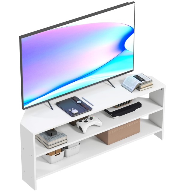 HOMCOM Γωνιακή Βάση Τηλεόρασης 110x36x45 cm με 2 Ανοιχτά Ράφια, Λευκό Ξύλο 83B-420V80WT