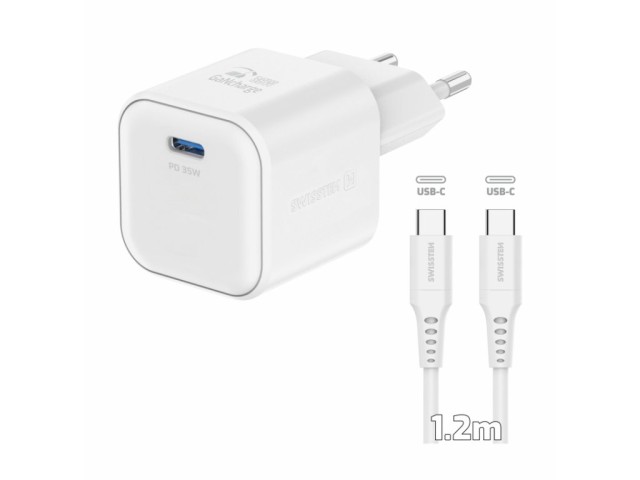 SWISSTEN Φορτιστής GaN 1x USB-C 35W με Υποστήριξη Γρήγορης Φόρτισης και Καλώδιο Δεδομένων USB-C/USB-C 1.2 μ Λευκό 8595217484443